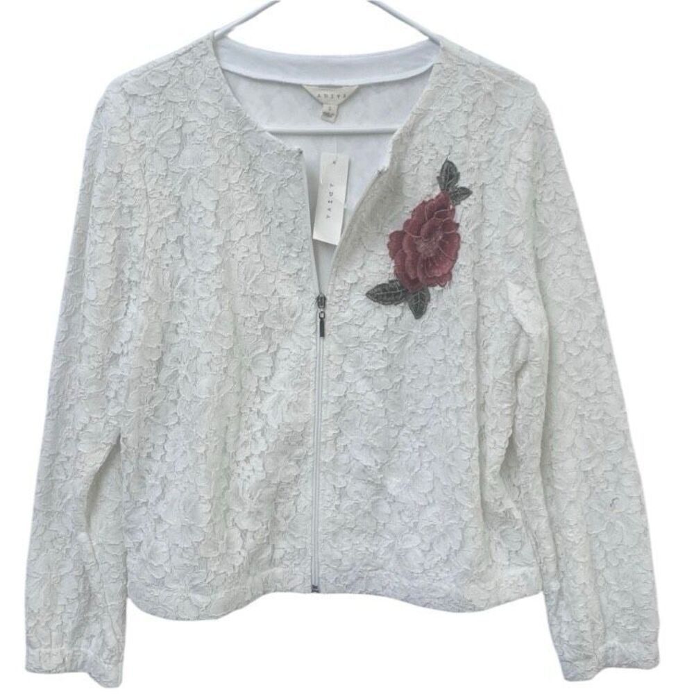 ADIVA White Lace Zip Jacket with Rose Appliqué Women’s Sz L NWT